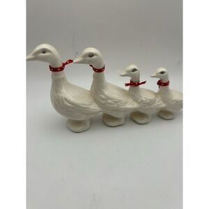 Vintage White Goose Figurines Set of 4 Red Ribbon Collars Farmhouse Decor